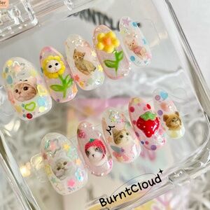 BurntCloudNails Crazy Cats Flower Strawberry Press on Nails - XS (Unused)